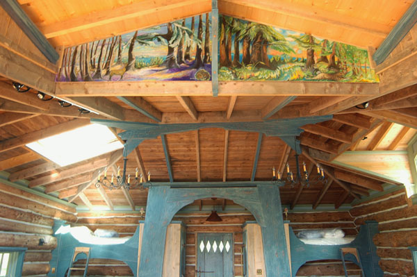 photo of restored naskeag cabin rafters and painting