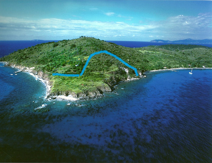 aerial view of land on lovango cay with property line marked in blue